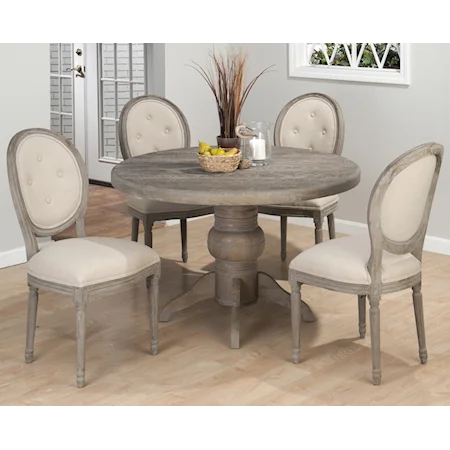 Coastal 5 Piece Dining Set with Pedestal Table and Upholstered Button Tufted Chairs